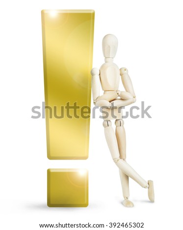 Man leaned against a huge golden exclamation mark. Abstract image with a wooden puppet