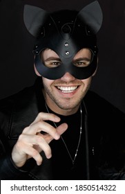 Man In A Leather Bdsm Mask Of A Cat, Smiling