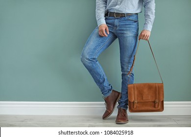 Man In Leather Shoes With Stylish Bag Indoors