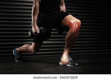 Man, leg and muscle skeleton for exercise with 3d anatomy, red glow and overlay dumbbell for fitness. Athlete, weightlifting and bones in joint or foot from training, workout and physical activity - Powered by Shutterstock