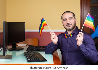 Man With Lgbt Flags And Bow Tie Teleworking