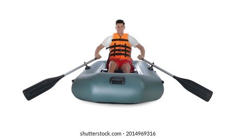 Man In Life Vest Rowing Inflatable Rubber Boat On White Background