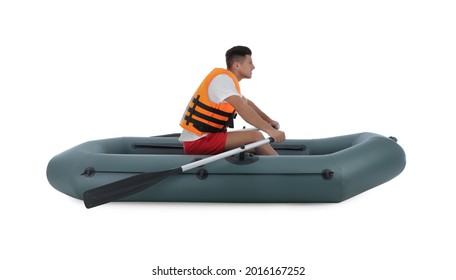 Man In Life Vest Rowing Inflatable Rubber Boat On White Background