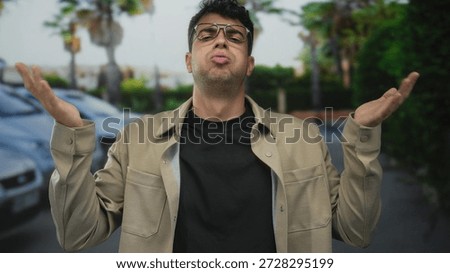Man lifts hands while gesturing beside parked cars in parking lot where guy appears young hispanic outdoors in urban male.