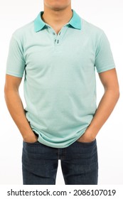 Man In Light Blue Golf Tee Shirt And Dark Denim Pants Part Of Young Men Fashion