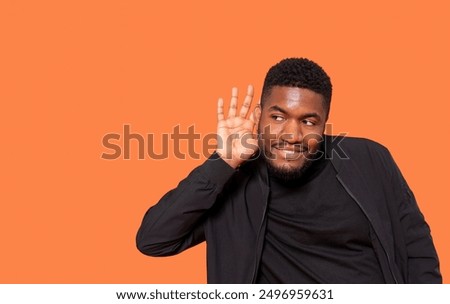 Image, Stock Photo Man in Orange Jacket Enjoying Misty Iceland Landscape