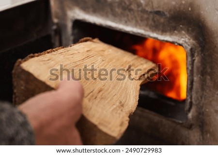 Man loads piece of firewood in the solid fuel boiler, flames on the background. Solid fuel and heating concept