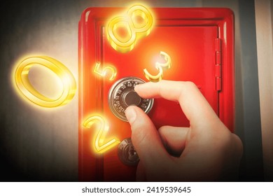 Man locking steel safe, closeup. Numbers symbolizing code combination flying around - Powered by Shutterstock - Get 15% off with code: PIKWIZARD15