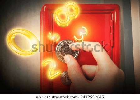 Man locking steel safe, closeup. Numbers symbolizing code combination flying around