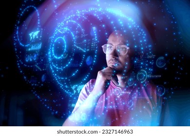 Man look at the dashboard with graphs and charts. Concept of data management system, business intelligence, data statistics, marketing analysis, key performance indicators (KPI) and analytics. - Powered by Shutterstock