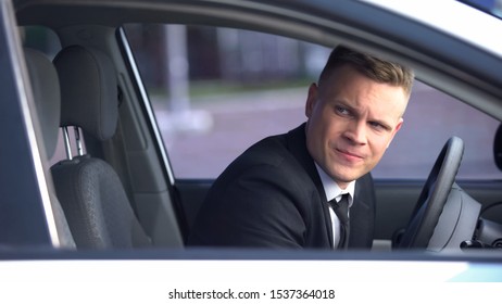 Man Looking Angrily From Car, Taxi Driver Long Waiting For Passenger, Service