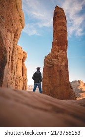 Man Looking At Cathedral Rock Pillar In Sedona, Arizona