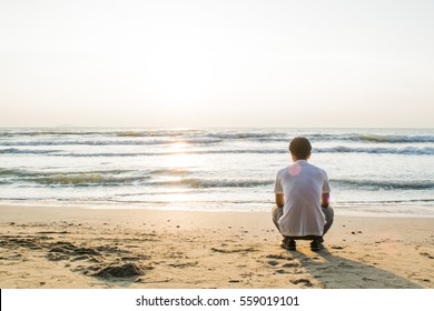 The Man Looking Forward To Look At The Sea In The Morning,He Thinking In The Future For Life For Family