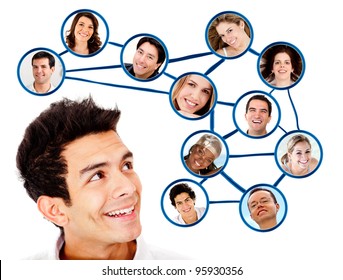 Man looking to his social network  - isolated over a white background - Shutterstock ID 95930356