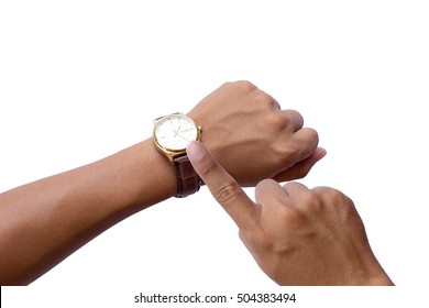 Man looking his watch isolated on white background.
