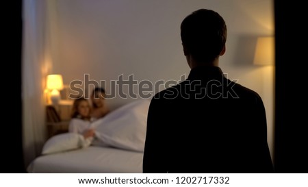 Man looking at his wife with lover in bed, unfair relations, partner cheating