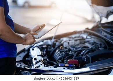 A man is looking at a tablet while standing next to a car. He is checking the engine of the car