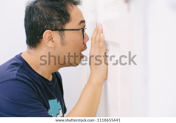 Man Looking Through Door Hole Surprising People Interiors Stock