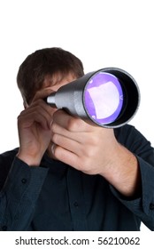 Man Looking Through A Telescope Isolated On A White Background