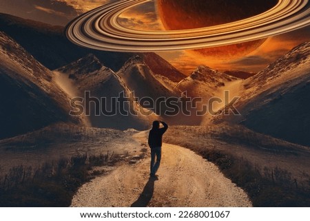 man looks into the sky at the giant planet Saturn in the sky. the influence of the planet Saturn in the natal chart on a person. collage.