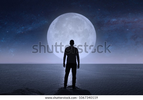 Man Looks Stars Moon Elements This Stock Photo Edit Now