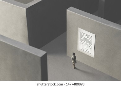 Man Lost In A Complex Maze, Observing The Map To Find The Way Out;  Surreal Concept