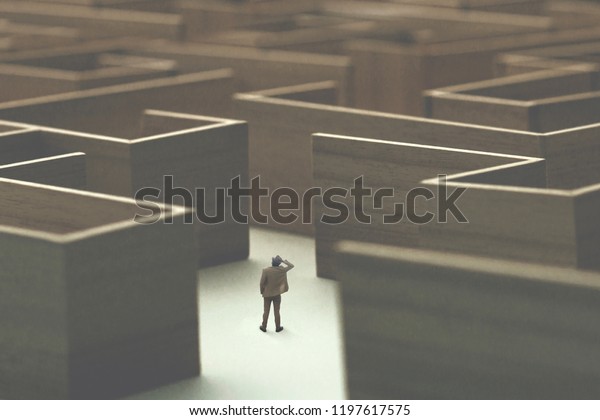 man lost in a\
complex maze, surreal\
concept