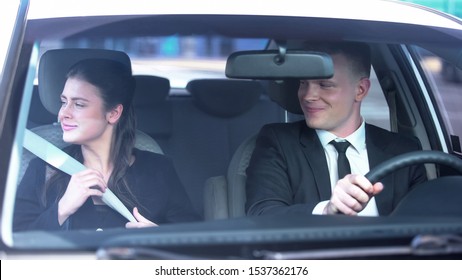 Man In Love Looking At Beautiful Girlfriend In Car, Couple On First Date, Flirt