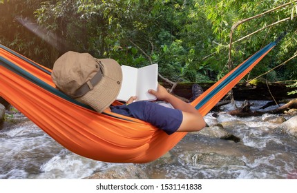 Man Lying Hammock Forest Enjoying Book Stock Photo 1531141838 ...