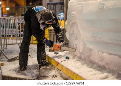 A Man Makes A Car Sculpture Out Of Ice In French Alps Chamonix