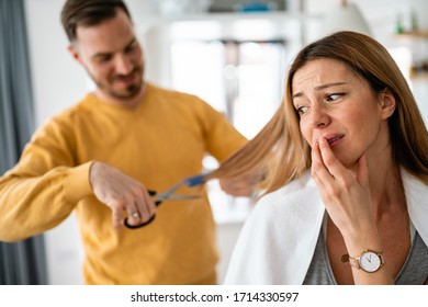 Man Makes Haircut To Woman At Home During Quarantine.