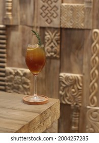 Man Making A Coffee Mocktail. Ingredients Tepache, Coffee, Soda Water With Rosemary