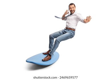 Man making a phone call and riding a surfboard isolated on white background - Powered by Shutterstock