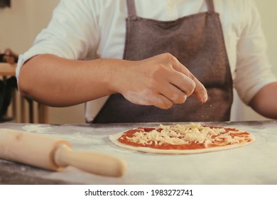 Man Making Pizza At Home,The Process Of Making Pizza, Homemade Pizza 