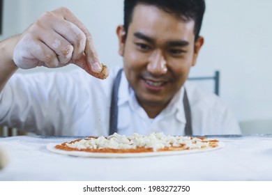 Man Making Pizza At Home,The Process Of Making Pizza, Homemade Pizza 