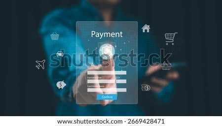 Man making secure online payment with credit card form interface and protection shield icon, fintech concept for digital banking, e-commerce, financial transaction, and cashless economy.