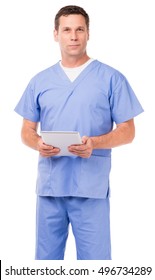 Man Male Doctor Nurse Practitioner Therapist Hospital Clinic Worker With Digital Tablet Isolated On White Background