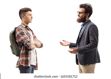 Man And Male Student Talking Isolated On White Background