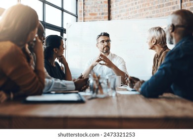 Man, manager and business meeting in boardroom for financial growth with discussion at table. Workers, corporate and workshop with coach or speaker for company planning with teamwork in office. - Powered by Shutterstock