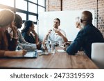 Man, manager and meeting or presentation in boardroom with coworkers for corporate business seminar. Discussion, financial and training for company growth with teamwork, leader and workshop mentor