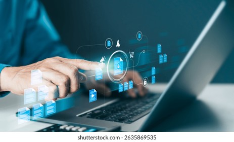 Man managing digital documents on laptop, highlighting cybersecurity, data protection, and cloud computing. Concept of secure online information, business solutions, and digital transformation
