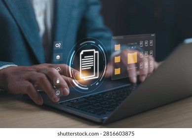 Man managing digital documents through secure document management system with cloud storage, file organization, data security, workflow automation, enterprise content, digital transformation.