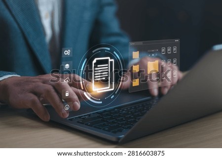 Man managing digital documents through secure document management system with cloud storage, file organization, data security, workflow automation, enterprise content, digital transformation.