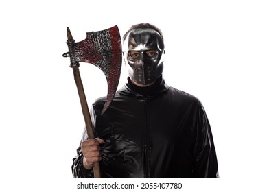 Man In Mask Of Maniac With Ax Isolated On White Background