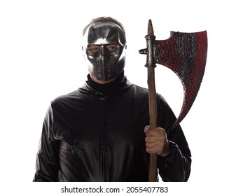 Man In Mask Of Maniac With Ax Isolated On White Background