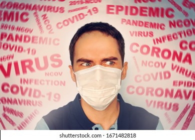 a man with a mask on his face, scared by the news of the coronavirus covid-2019. Panic situation. Fear of getting sick. concept of the spread of coronavirus. The patient is scared covid 19. - Shutterstock ID 1671482818