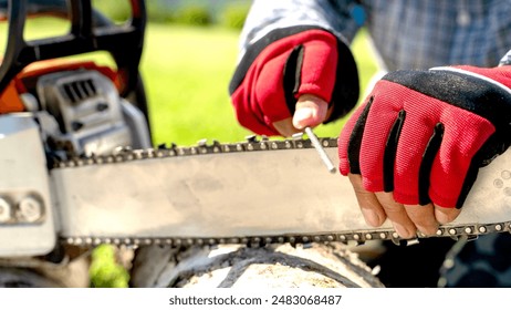 A man master sharpens a chain at a chainsaw - Powered by Shutterstock