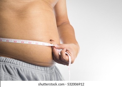 Man measuring his fat belly with measurement tape