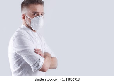 Man In A Medical Mask From A Virus On A White Background, ?ovid 19, Hope For The Best