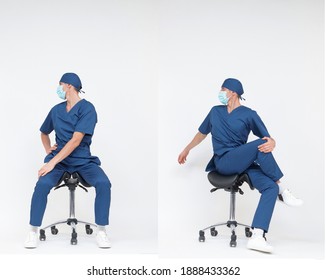 Man medical professional stretching back,neck, legs sitting on mobile saddle	